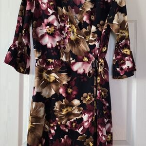 Size Med. Peach Love California Floral Mini Dress - Pink, Brown, Black